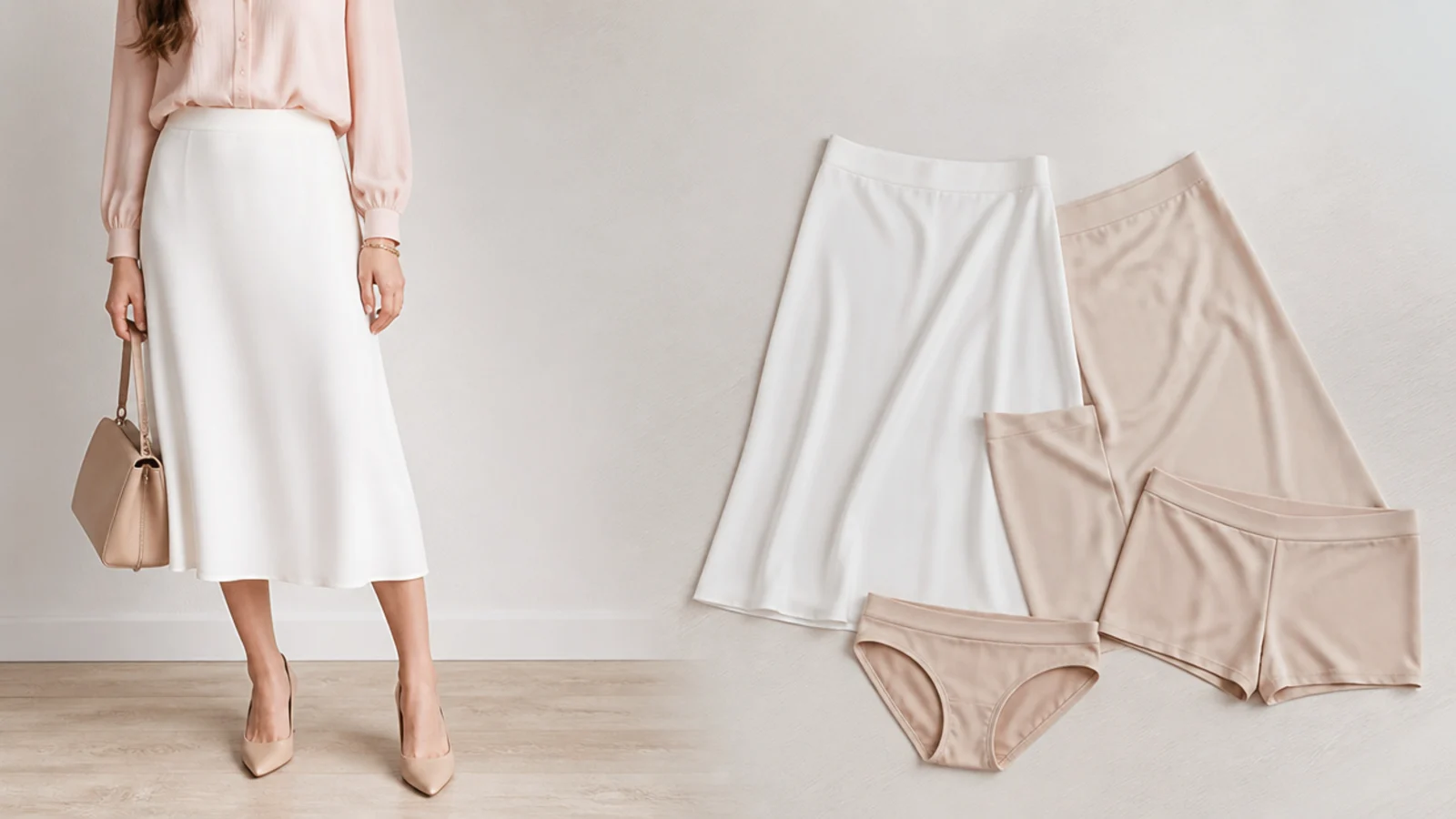 Faceless flat-lay of nude seamless briefs, a nude half-slip and nude slip shorts laid out beside a white skirt