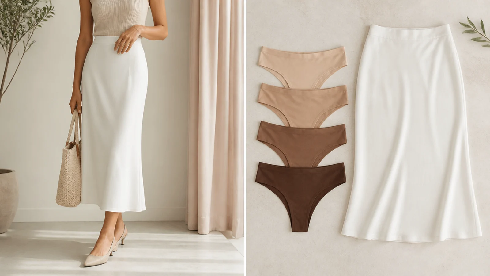 Faceless flat-lay of nude undergarments in four skin-tone shades from beige to espresso beside a white skirt