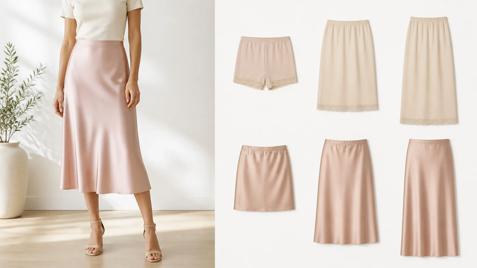 Faceless diagram-style flat-lay showing short slip shorts, a knee half-slip and a full slip beside three skirt lengths