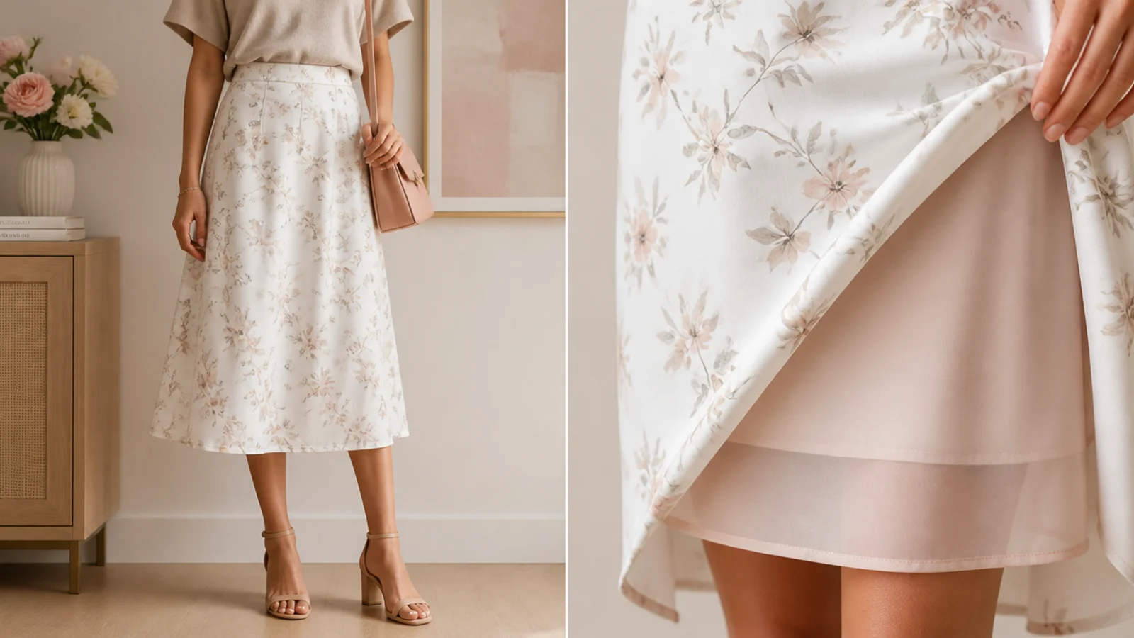 Faceless close-up of a smooth nude slip under a white skirt hanging clean with no static cling