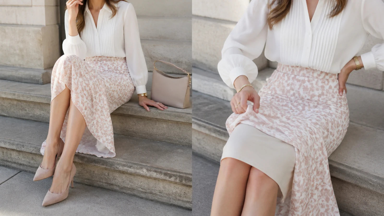 Faceless shot of a white skirt checked while seated to confirm the nude layer covers when the fabric stretches