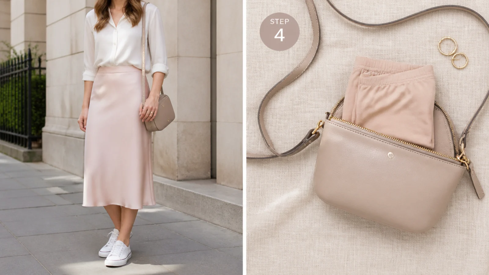 Faceless flat-lay of folded nude slip shorts tucked into a small day bag as an emergency layer