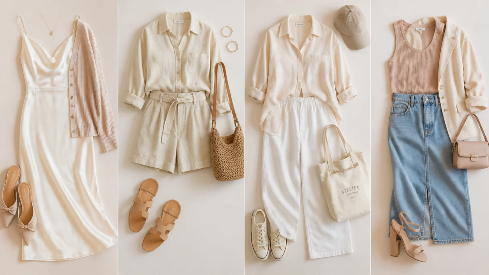 Faceless flat-lay of a white satin, linen, cotton and denim skirt each paired with its best nude layer