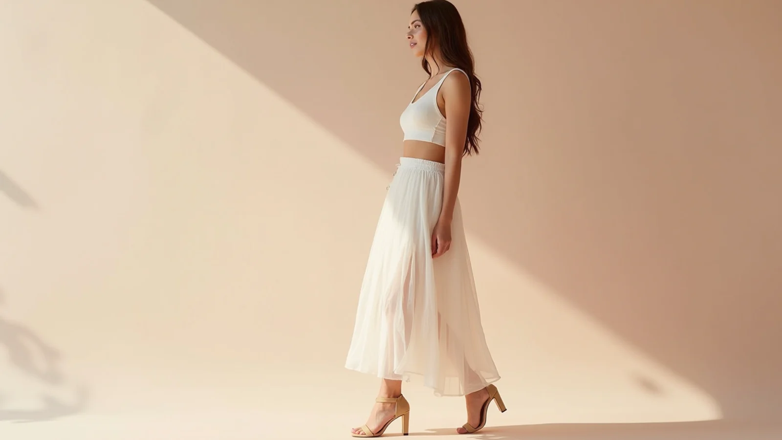 Faceless comparison of white underwear versus nude underwear under the same translucent white skirt