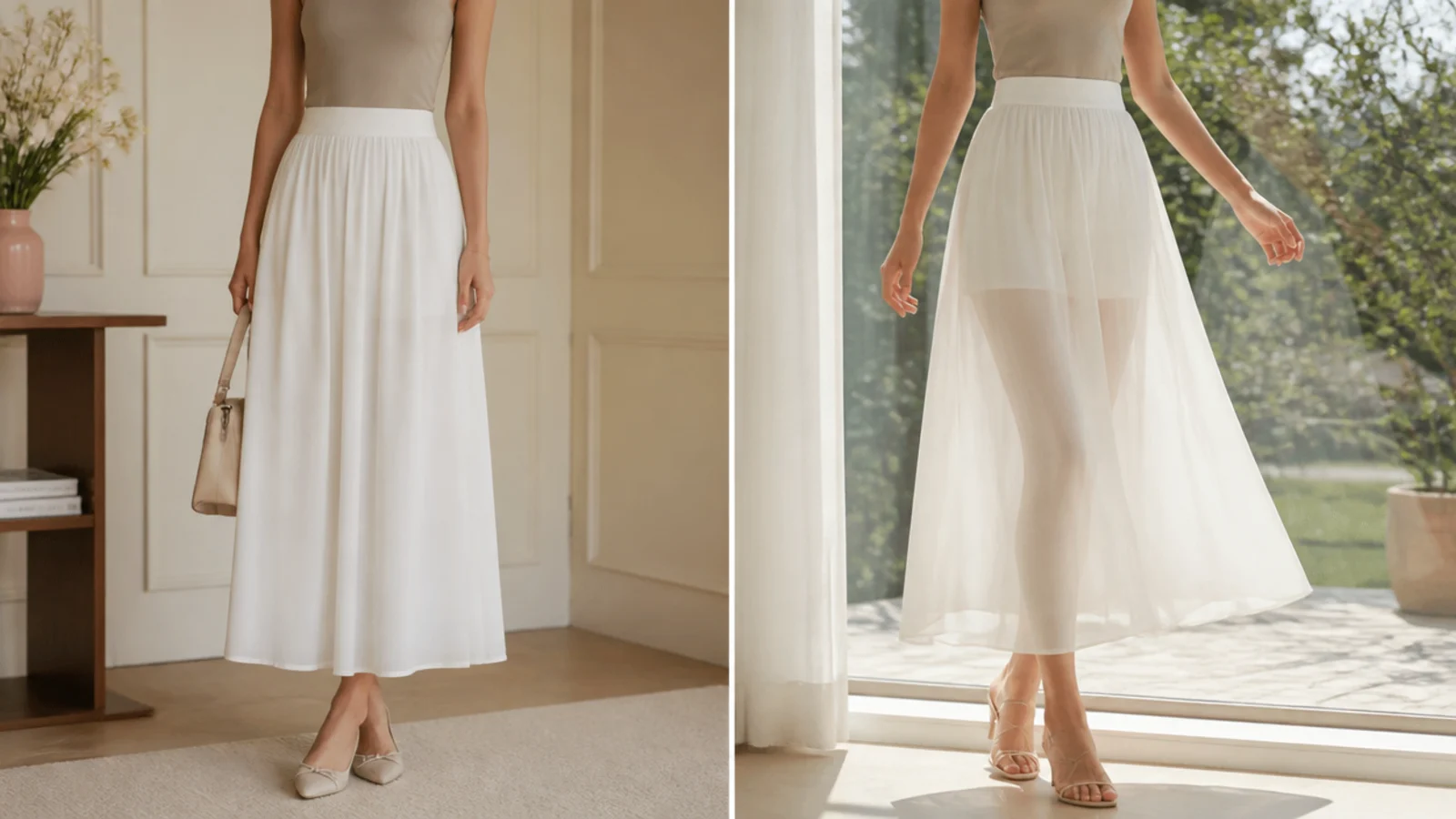 Faceless side-by-side of the same white skirt looking opaque indoors and translucent against bright daylight