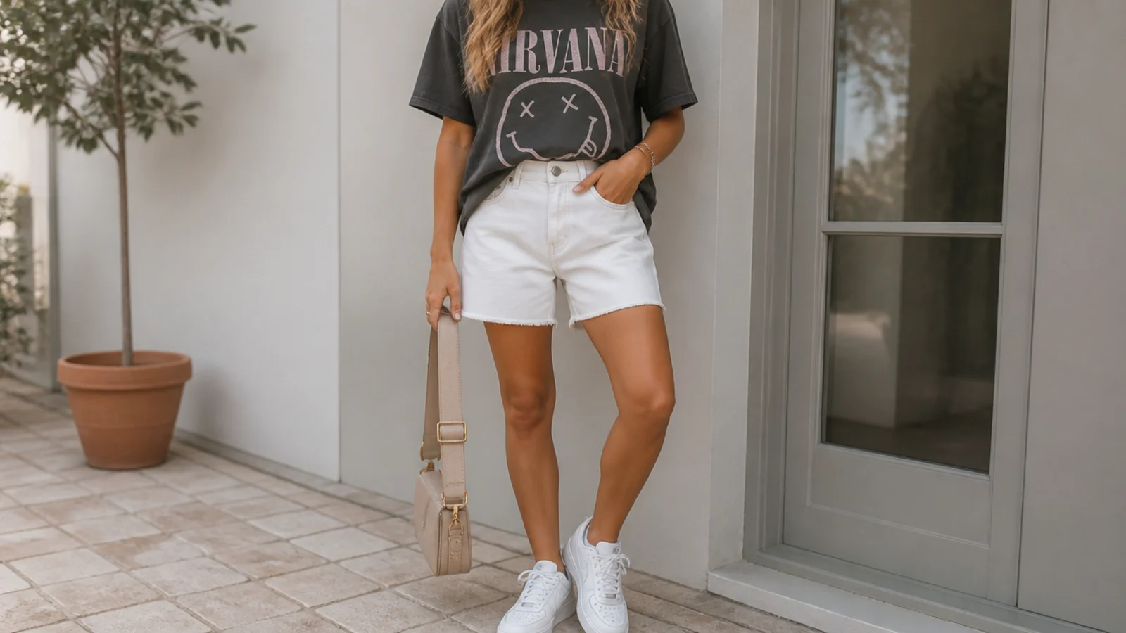 Faceless outfit with white denim jorts, a vintage graphic band tee and white Air Force 1 sneakers