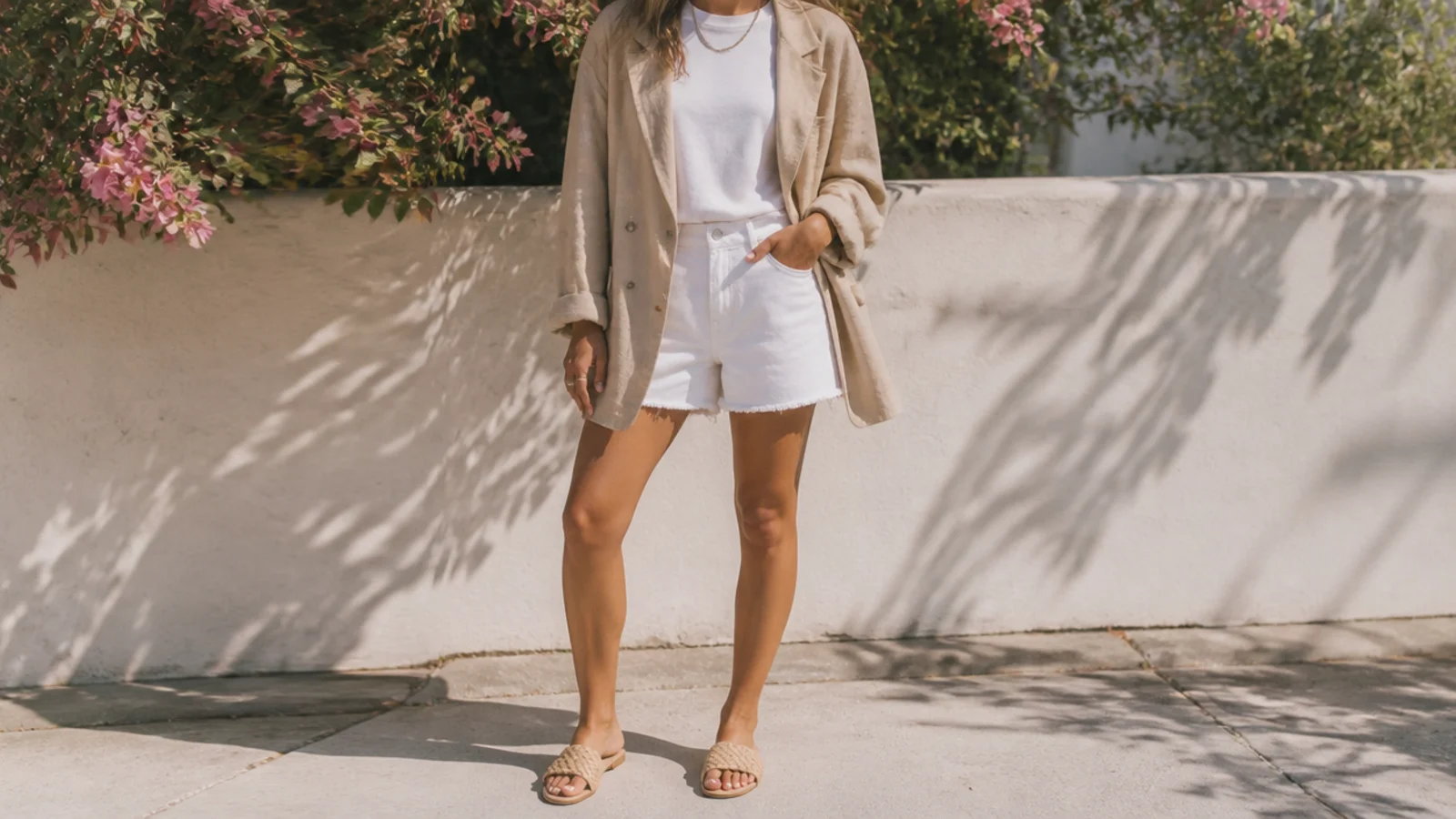 Faceless outfit with white denim jorts, a white tee and an oversized tan linen blazer
