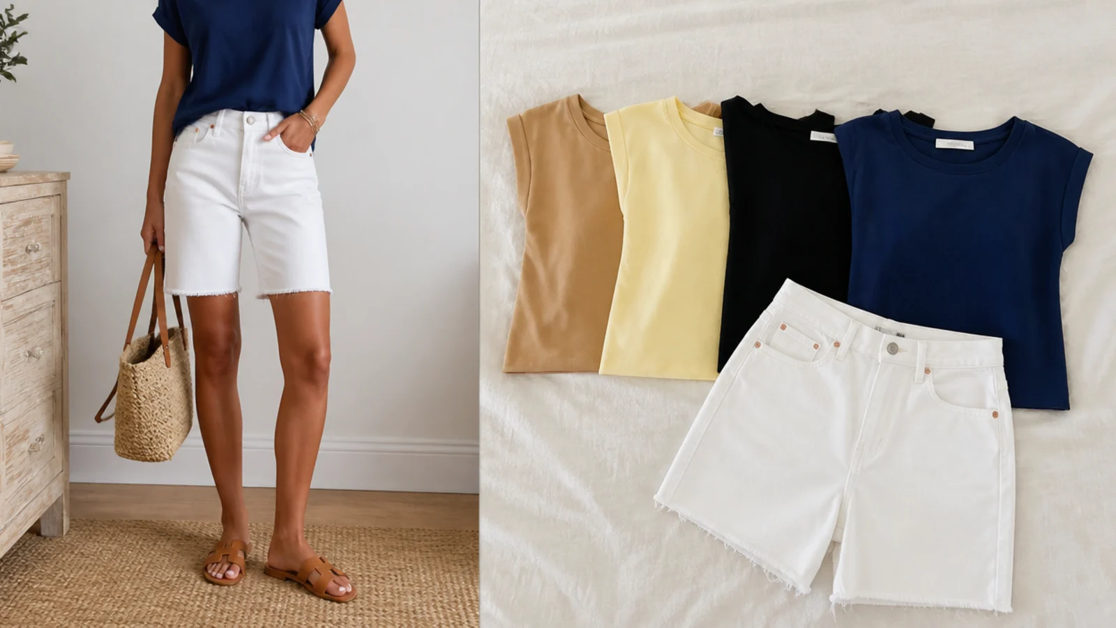 Faceless comparison of tan, butter-yellow, black and navy tops laid beside white denim jorts