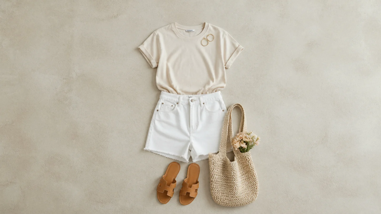 Faceless flat-lay of white denim jorts styled with a cream tee, tan sandals and gold hoops