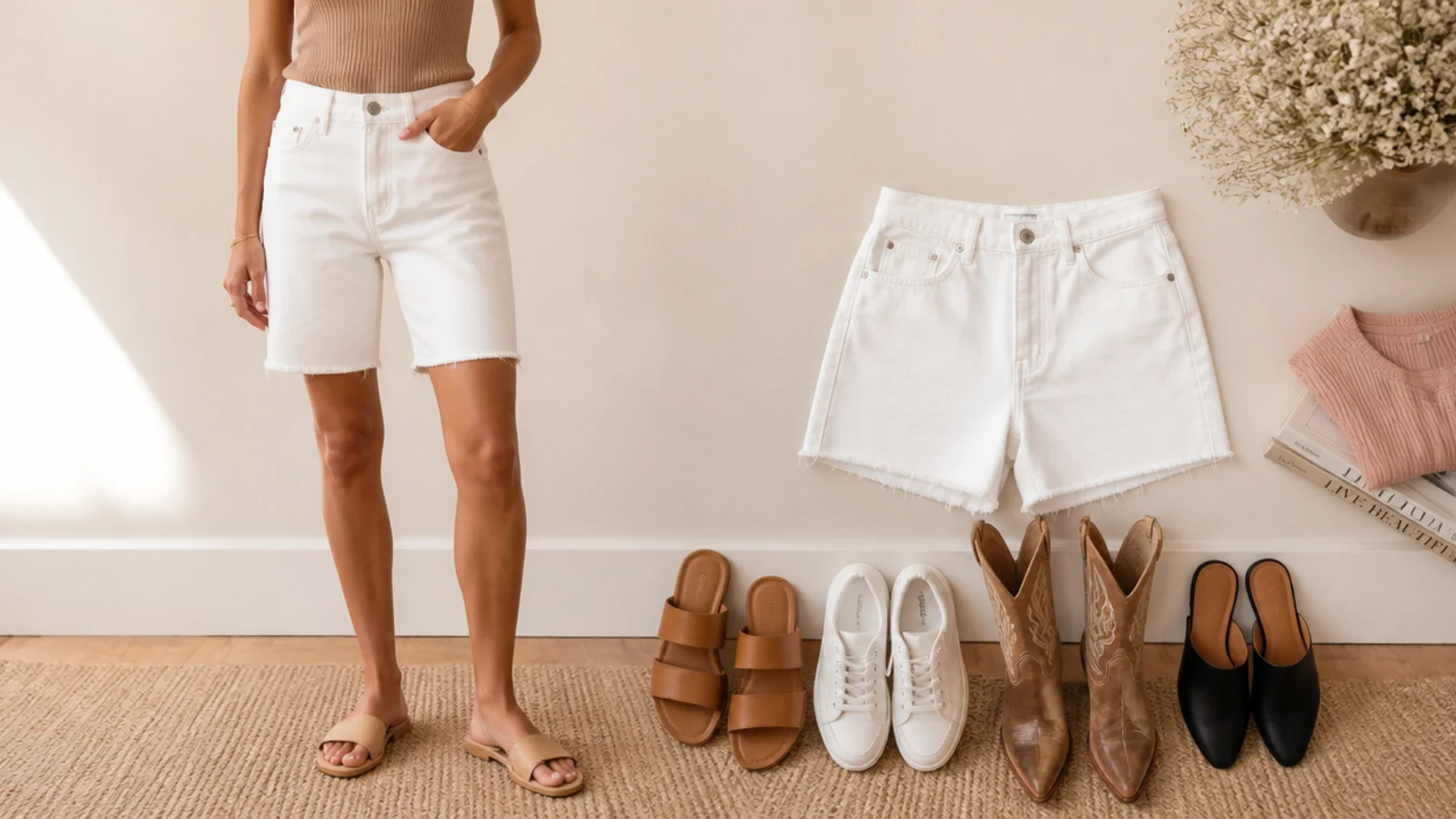 Faceless flat-lay of tan sandals, white sneakers, cowboy boots and black mules beside white jorts