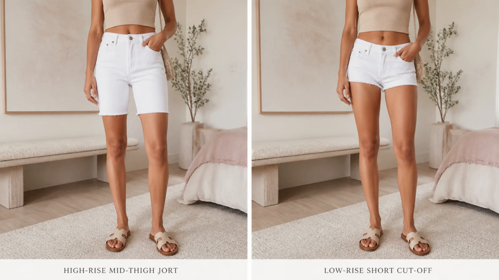 Faceless comparison of a high-rise mid-thigh white jort beside a low-rise short white cut