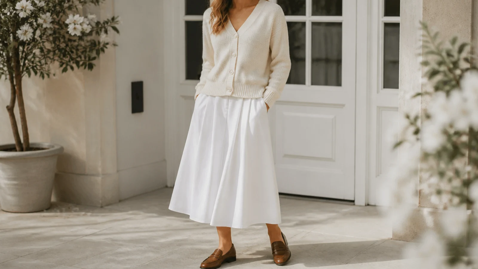 Faceless spring outfit with a cream button-front cardigan, a white midi skirt and brown loafers