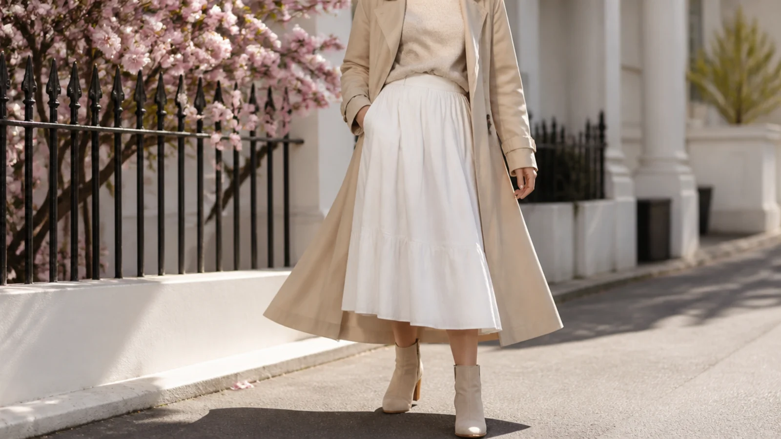 Faceless spring outfit with an open beige trench coat over a white poplin midi skirt and ankle boots
