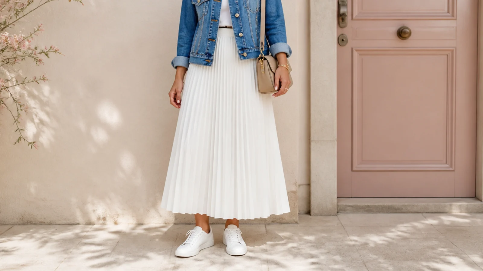 Faceless spring outfit with a mid-blue denim jacket over a white pleated skirt and white sneakers