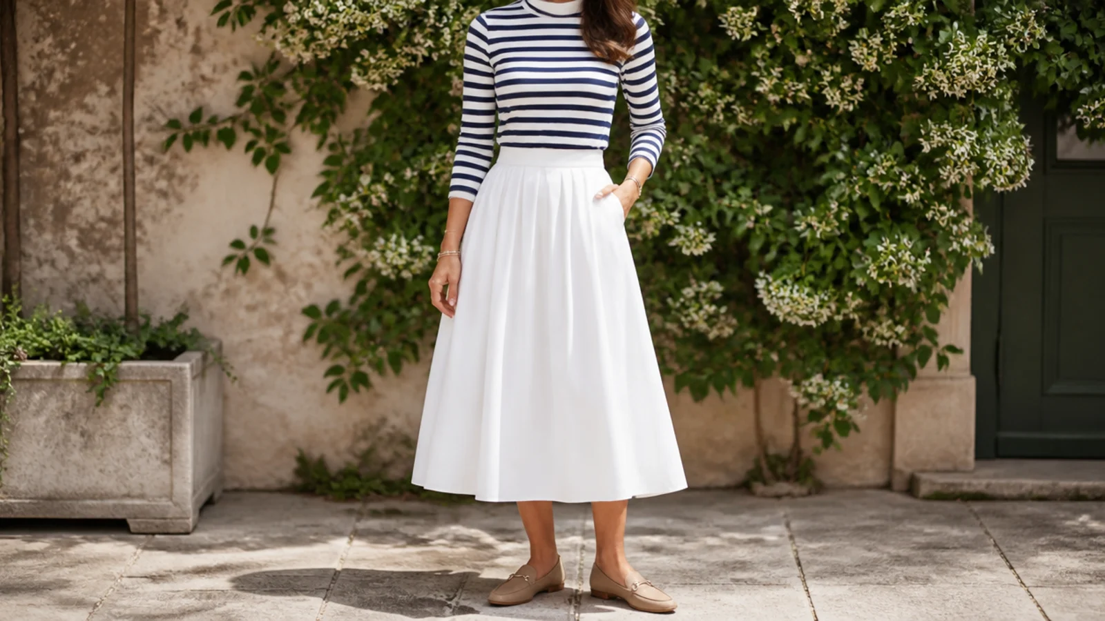 Faceless spring outfit with a navy-and-white striped turtleneck tucked into a white midi skirt with loafers
