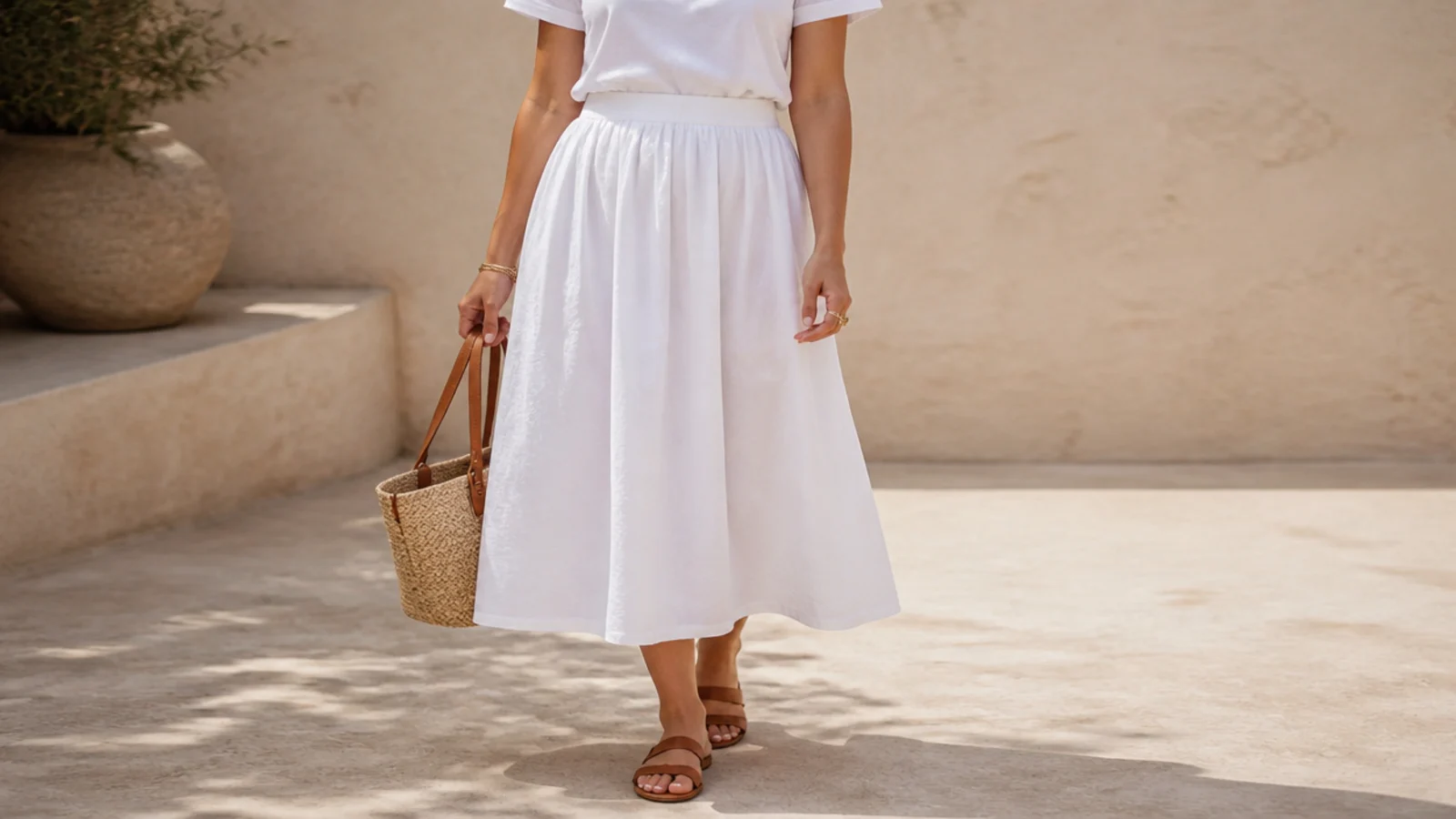 Faceless tonal spring outfit with a crisp white tee tucked into a white cotton midi skirt with sandals