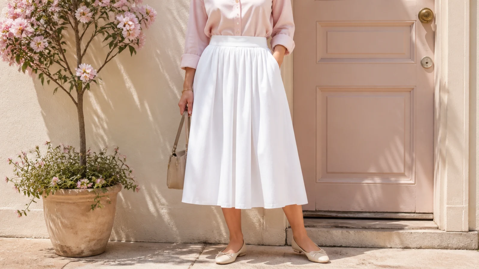Faceless spring outfit with a blush pink poplin blouse tucked into a white cotton midi skirt with flats