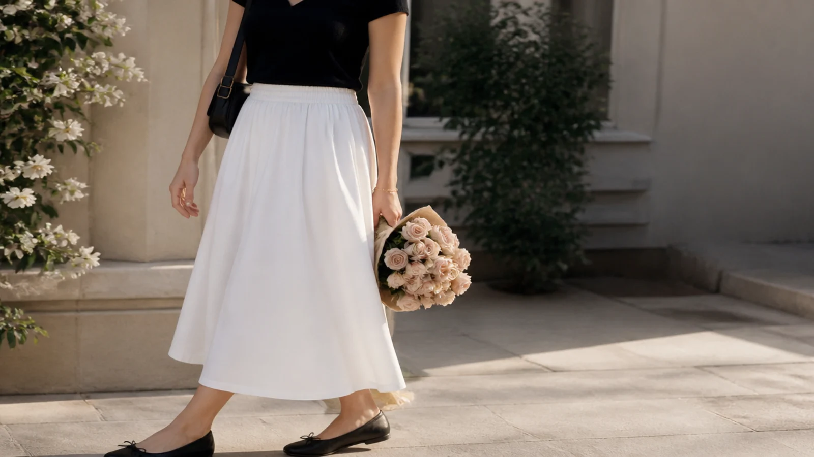 Faceless spring outfit with a white A-line midi skirt, bare legs and black ballet flats on a warm day