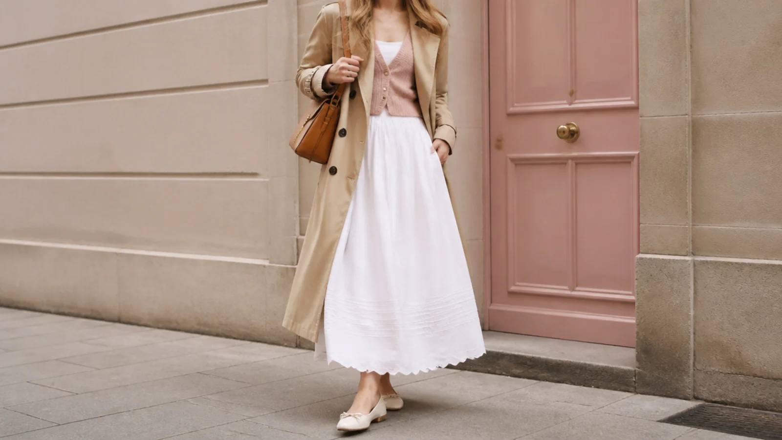 Faceless spring outfit showing a white cotton skirt layered with a tee, cardigan and trench for changing weather