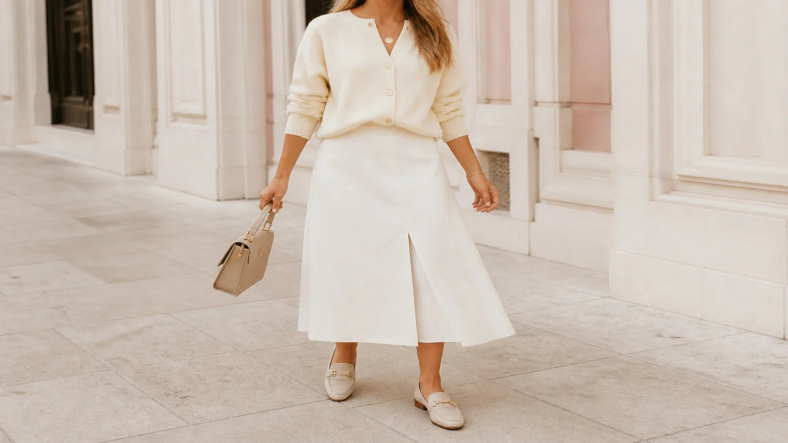 Faceless white skirt spring outfit with an ivory cardigan, white midi skirt and loafers