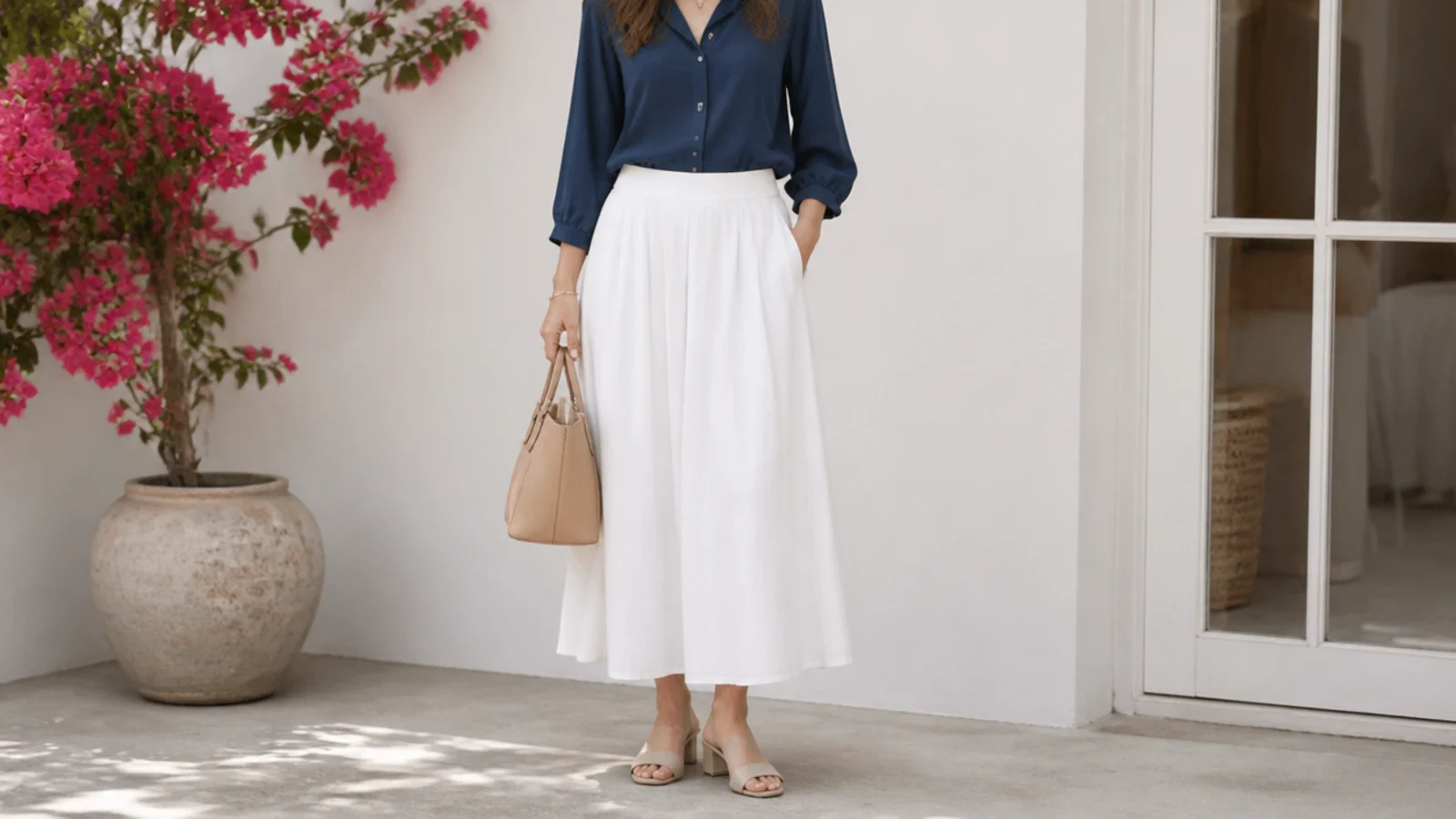 Faceless spring color palette of powder blue, blush pink, sage green and navy tops worn with a white skirt