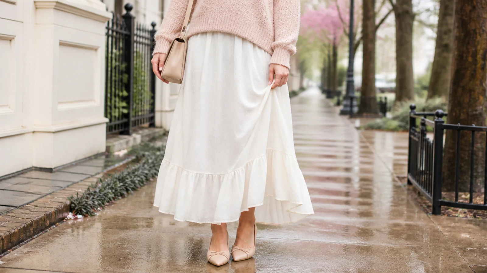 Faceless close-up of a white skirt hem kept clear of wet mud and puddles on a rainy spring sidewalk
