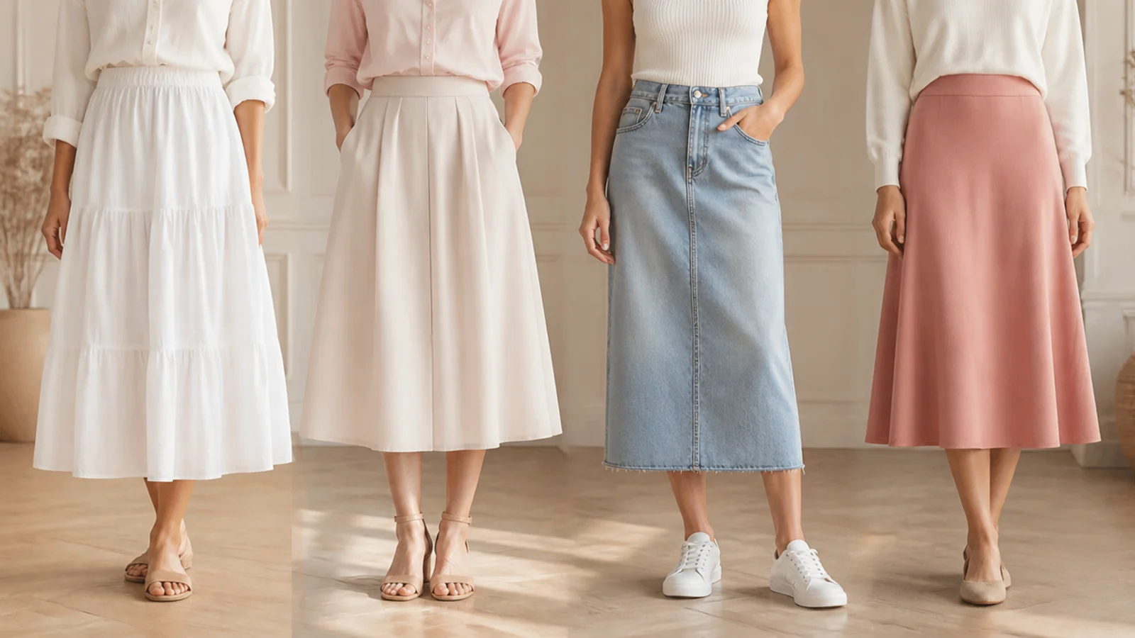 Faceless comparison of white cotton, poplin, light denim and ponte spring skirt fabrics side by side