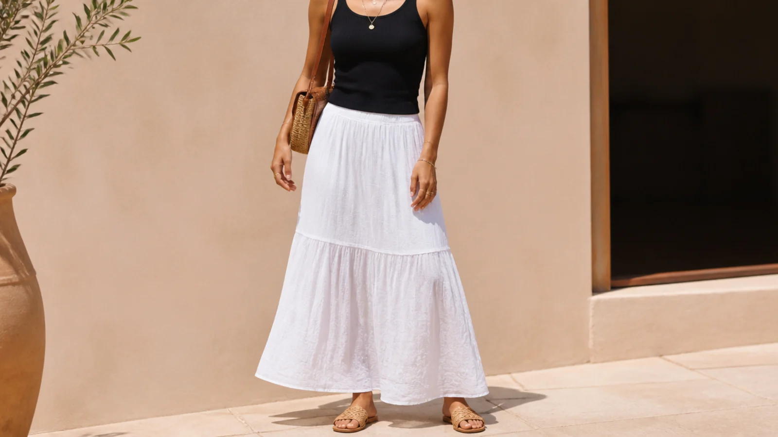Faceless full-length outfit with a white cotton gauze maxi skirt, a black rib tank and tan raffia slide sandals