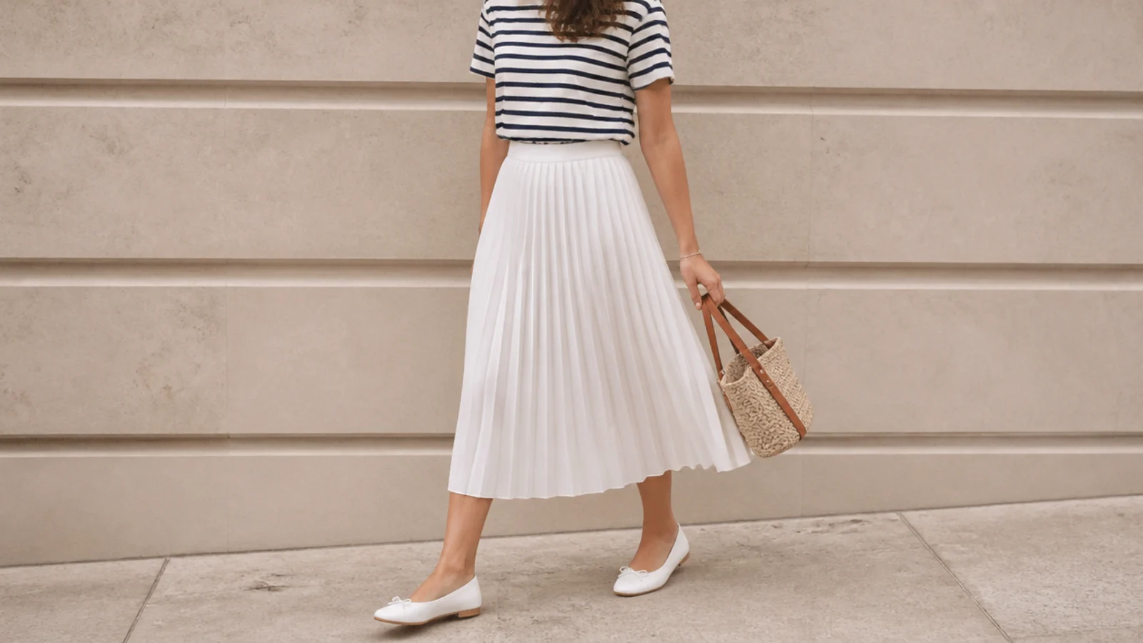 Faceless outfit with a white pleated midi skirt, a navy and white striped boat-neck tee and white ballet flats