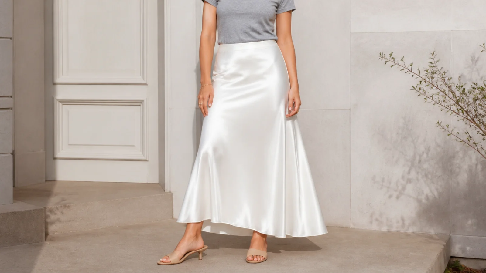 Faceless outfit with a white bias-cut satin slip skirt, a fitted gray tucked tee and tan kitten-heel mules