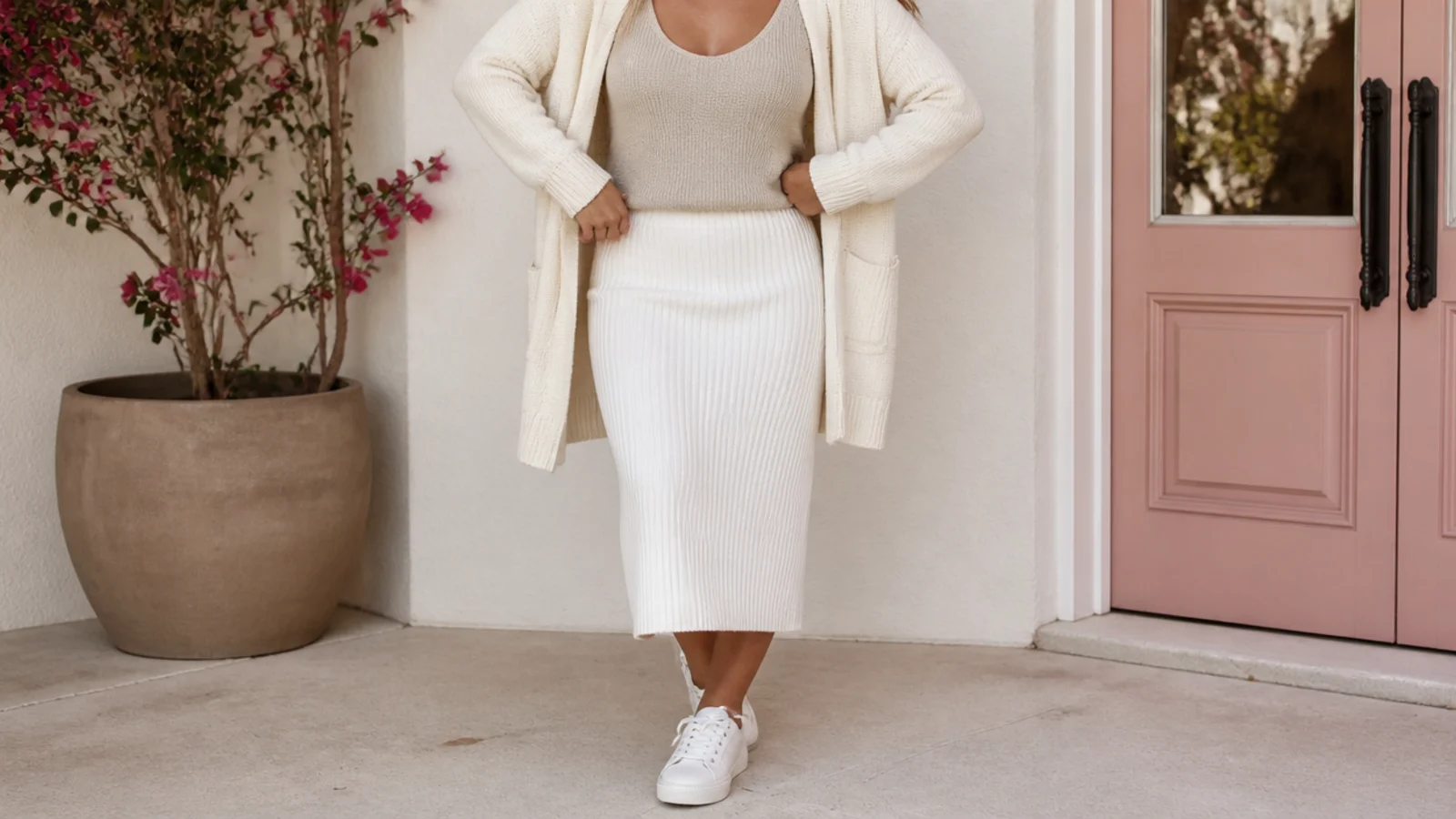 Faceless outfit with a white ribbed knit midi skirt, an oatmeal knit tank, a cream cardigan and white leather sneakers