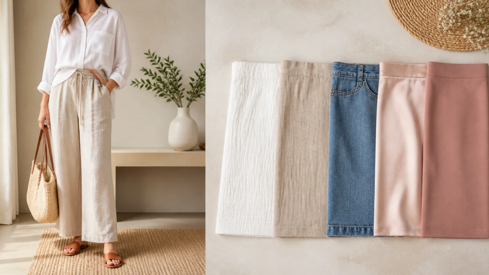 Faceless flat-lay comparing white cotton gauze, linen, denim, satin and ponte skirt swatches side by side
