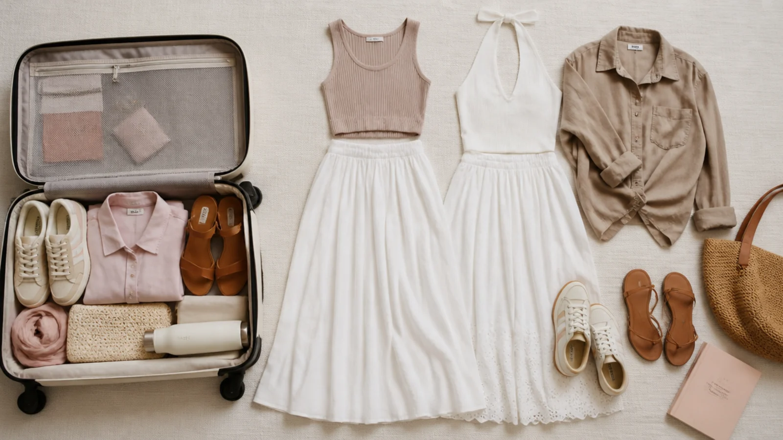 Faceless flat-lay of two white skirts with rib tanks, a halter, a poplin shirt, sandals and sneakers packed together