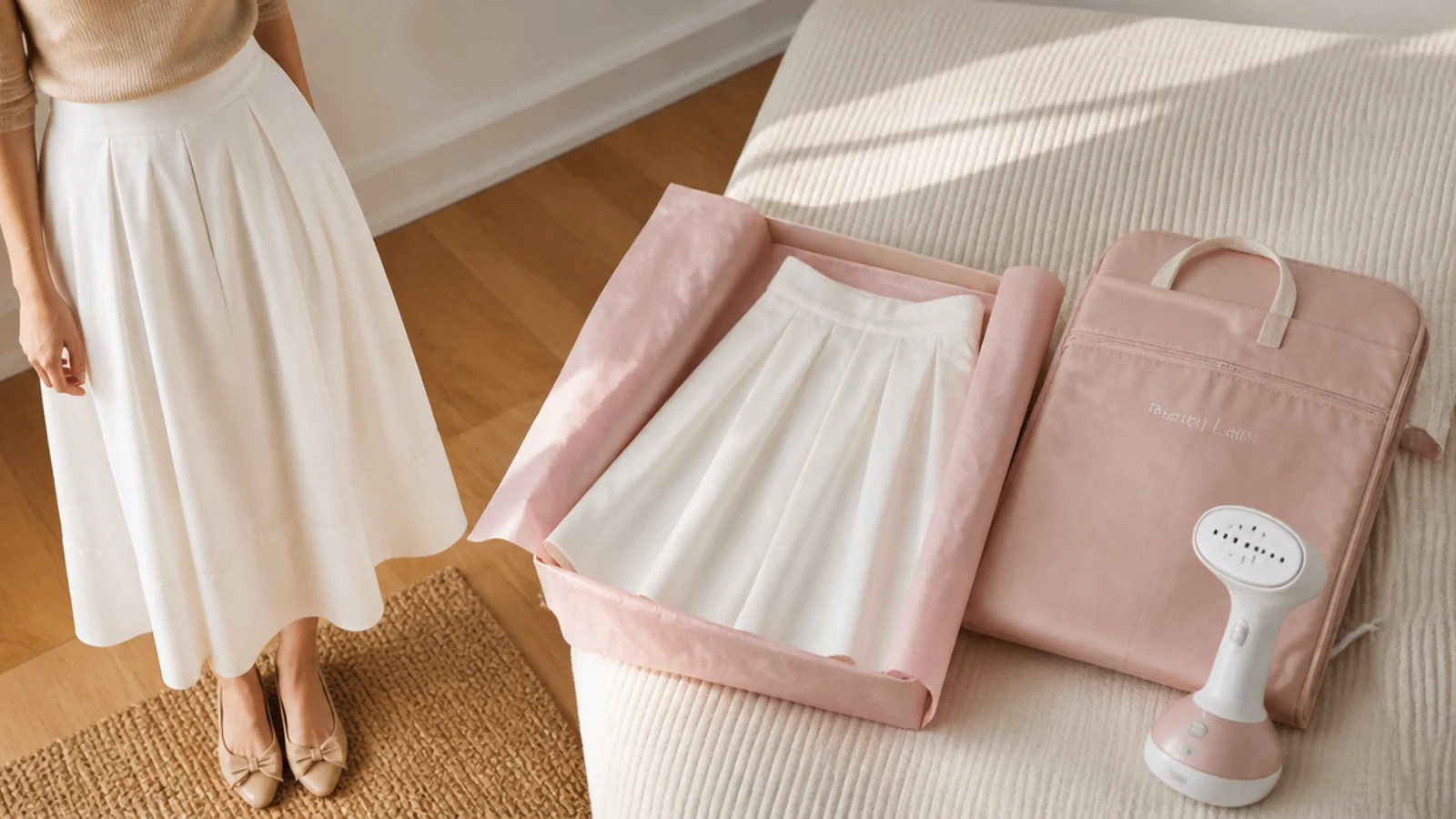 Faceless flat-lay of a white skirt rolled in tissue paper beside a folded poly garment bag and a travel steamer