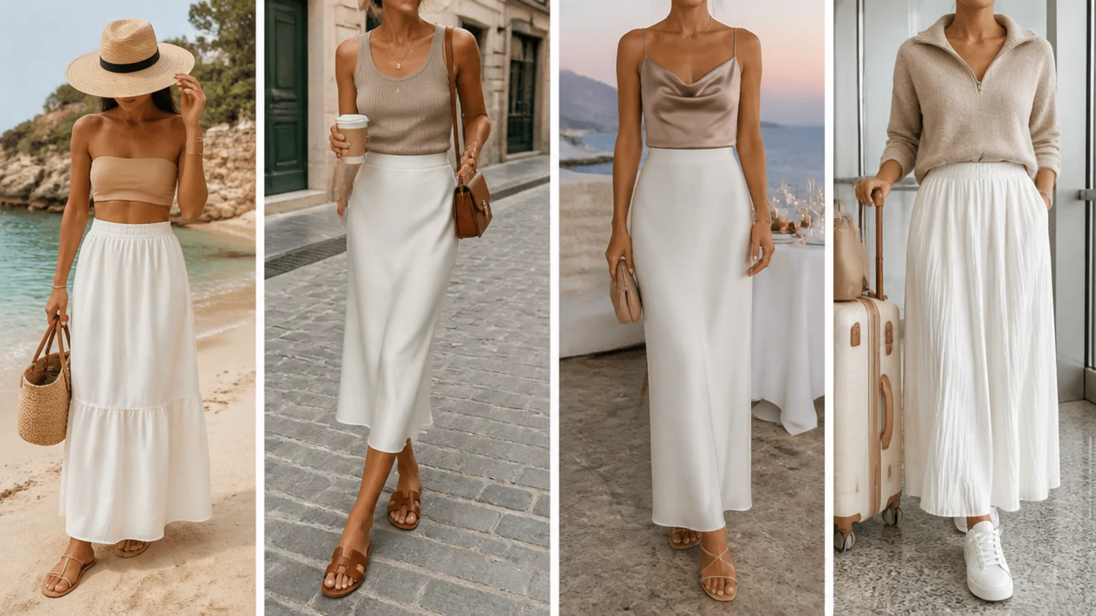 Faceless flat-lay of white vacation skirts styled for beach, European city, resort dinner and travel day