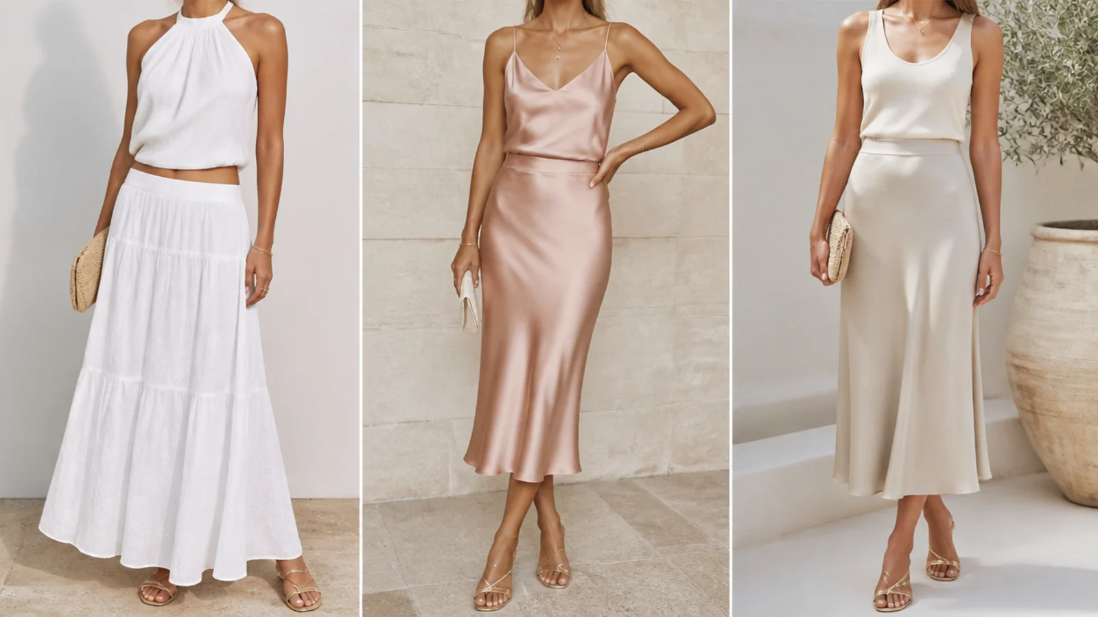 Faceless flat-lay of a white maxi skirt with a halter top, a satin midi with a silk cami and gold metallic sandals