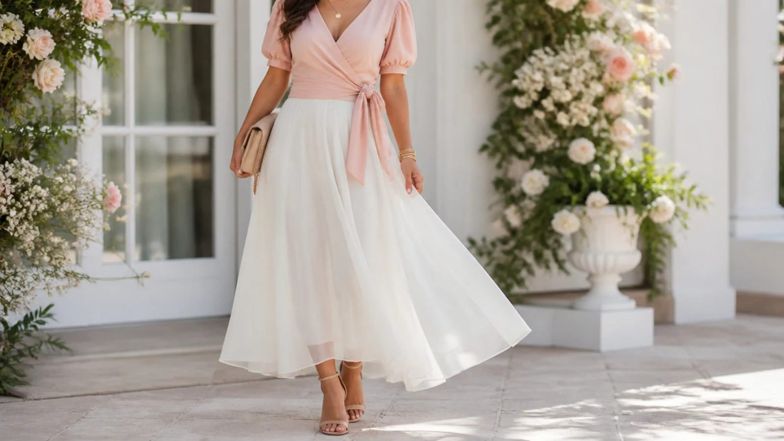 Faceless bridal shower outfit with a blush wrap top and a flowing white chiffon maxi skirt