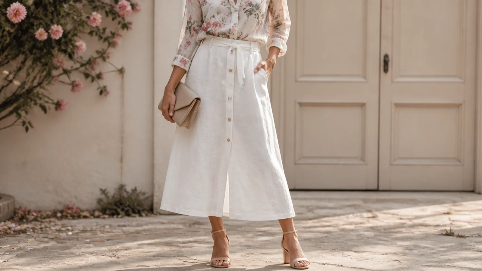 Faceless daytime wedding guest outfit with a floral print blouse and a white linen midi skirt