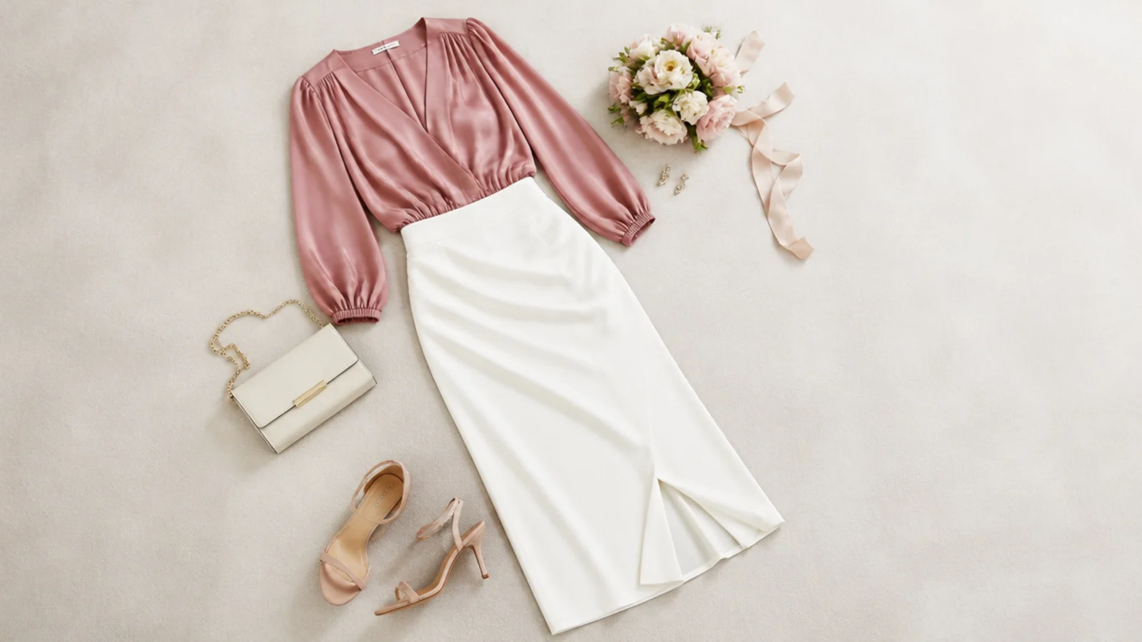 Faceless flat lay of a white midi skirt with a colored blouse laid out as a wedding guest outfit