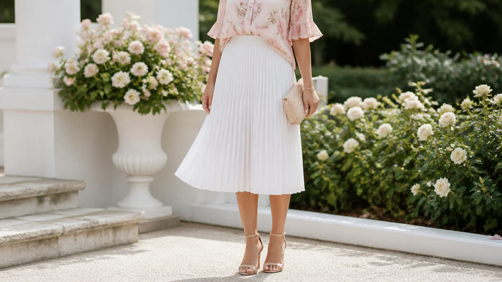 Faceless bridal shower outfit with a pastel top and a white skirt in a bright garden setting