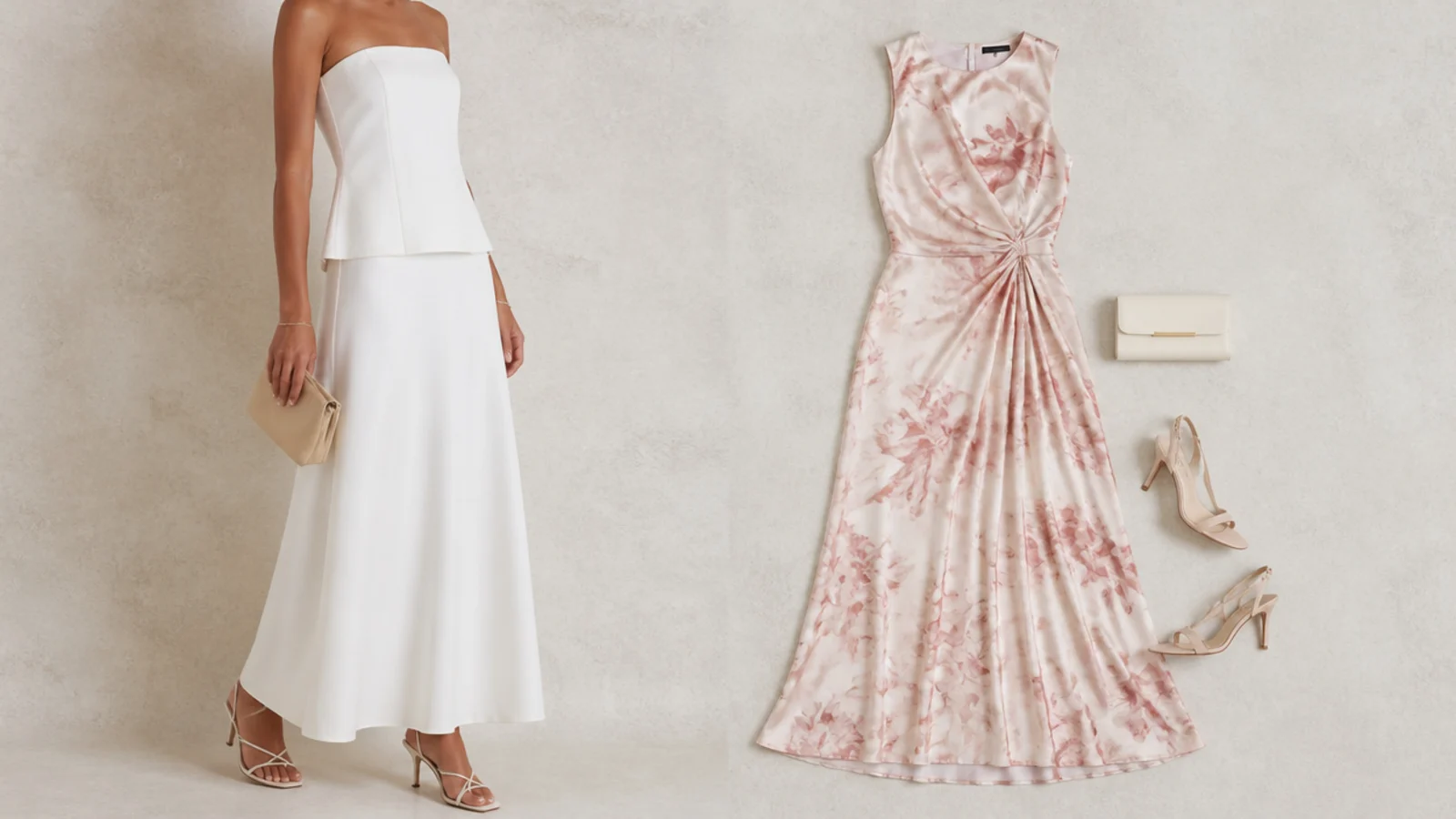 Faceless side-by-side of a two-piece white skirt set and a wedding guest dress laid flat