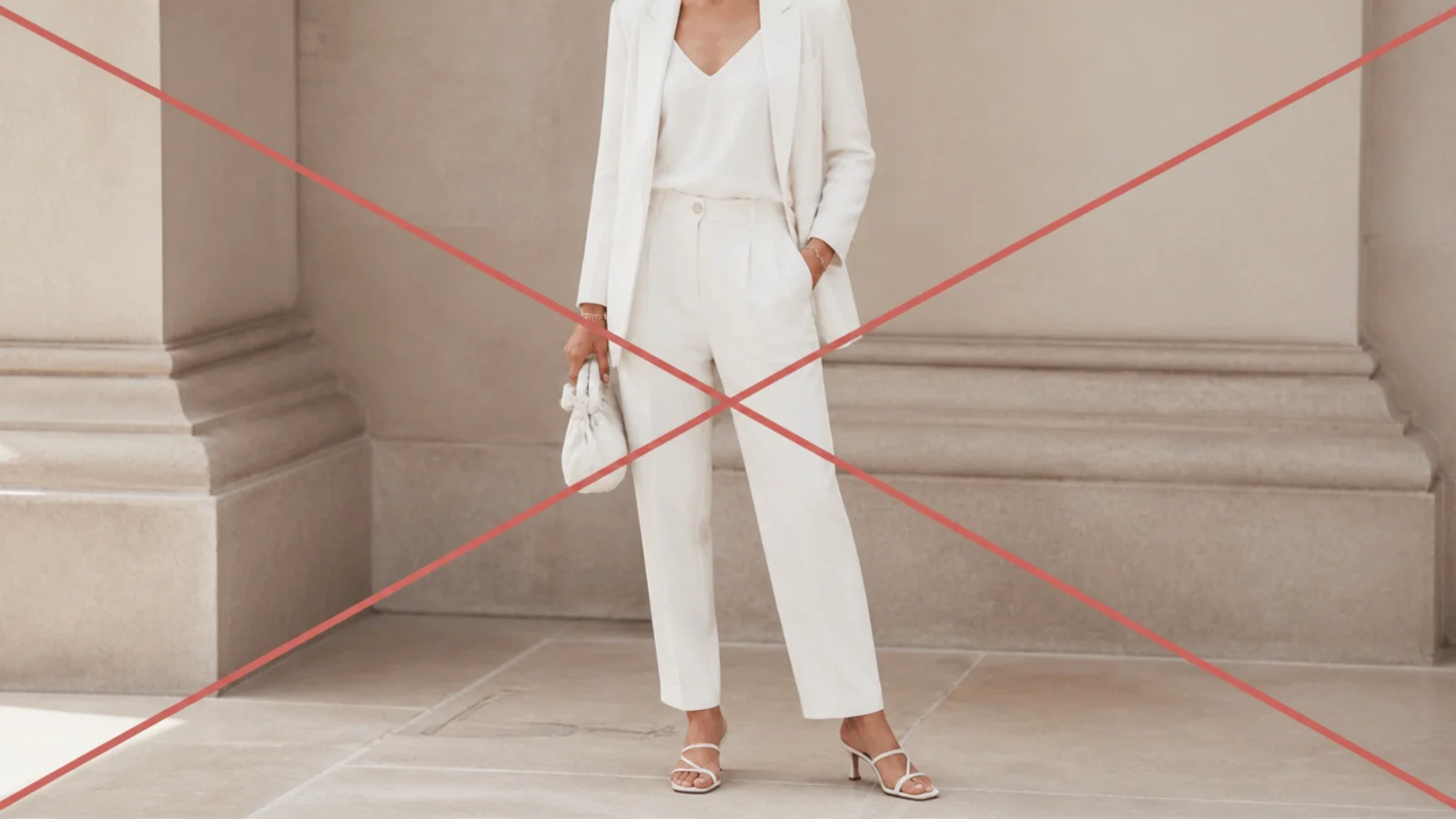 Faceless full-length all-white outfit crossed out to show what to avoid as a wedding guest