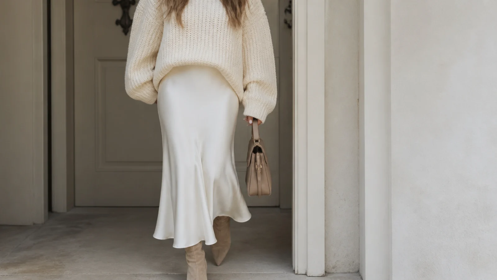 Faceless winter outfit with a white satin bias-cut midi skirt and an oversized chunky cream knit