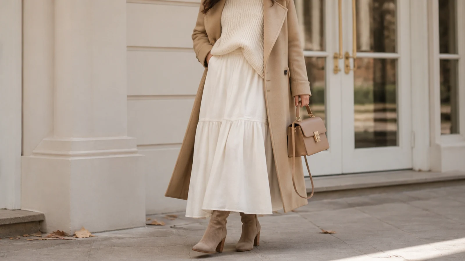 Faceless winter outfit with a long white maxi skirt layered under a camel wool coat and tall boots