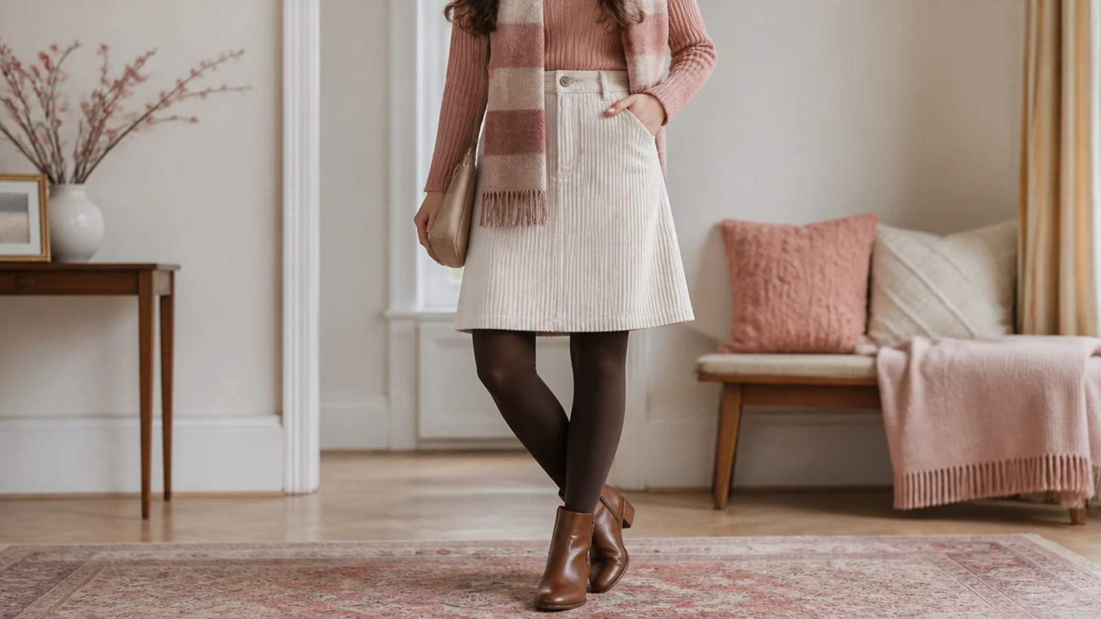 Faceless winter outfit with a white corduroy A-line skirt, opaque tights and brown ankle boots