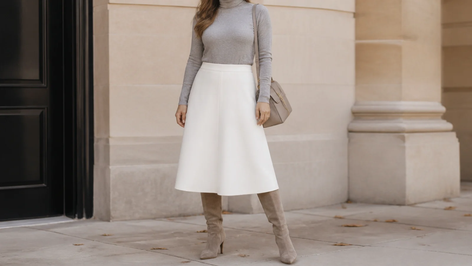 Faceless winter outfit with a white ponte midi skirt, a tucked gray turtleneck and tall boots