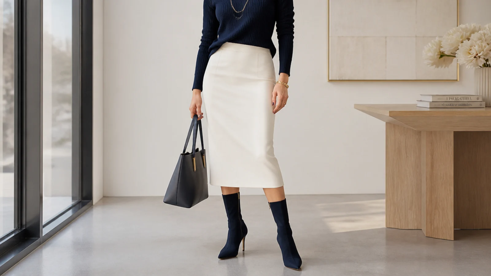 Faceless winter office outfit with a white ponte pencil skirt, a fine navy knit and heeled boots