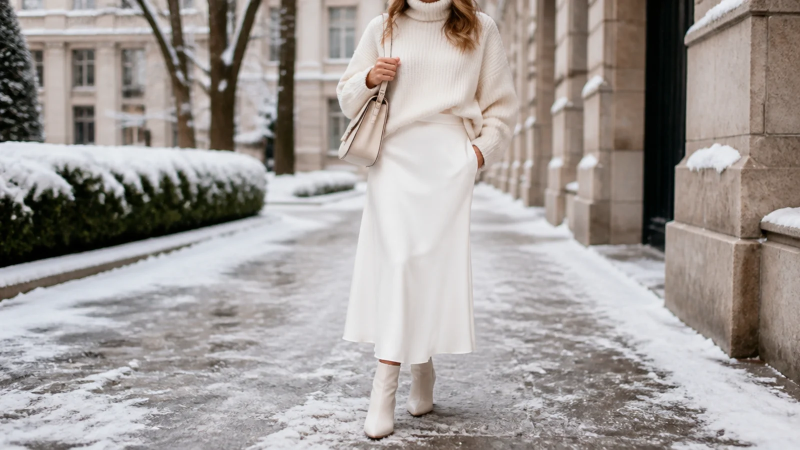 Faceless winter white outfit with a cream sweater and white skirt worn confidently in cold weather
