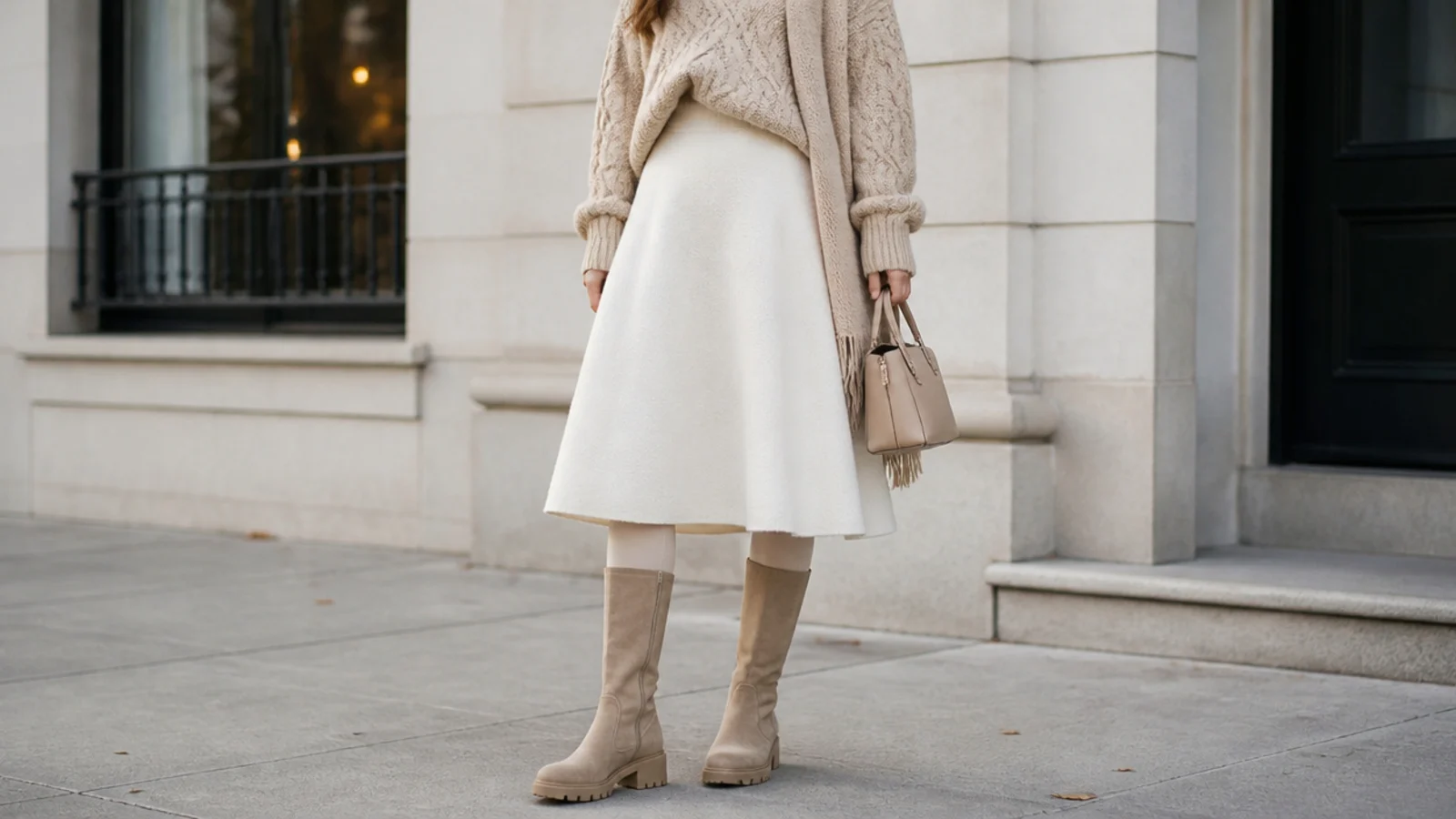 Faceless winter outfit showing a wool white skirt, opaque tights, chunky knit and tall boots layered