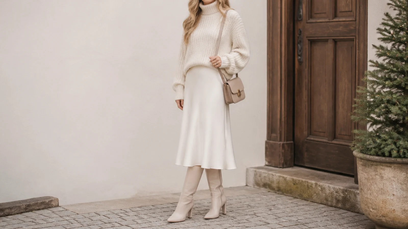Faceless white skirt winter outfit with a chunky ivory sweater, white midi skirt and knee-high boots